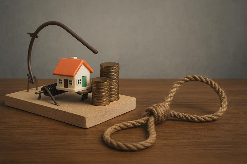 Stack of loan documents with a calculator and debt warning sign, illustrating personal loan risks