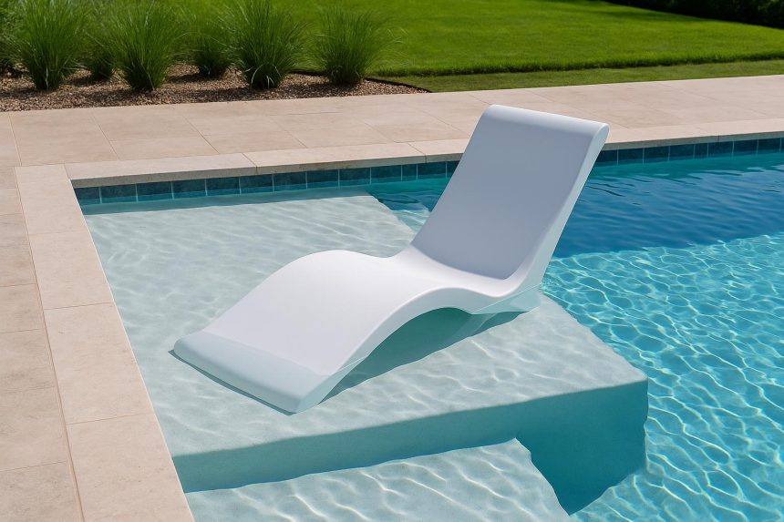 Modern ledge lounger chair positioned on a pool ledge with water and luxury outdoor setting