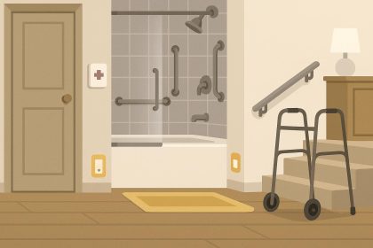 Handrails, stair lifts, and nonslip flooring in a cozy home for senior safety upgrades