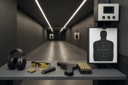 Modern indoor shooting range with safety gear, target systems, and soundproof booths