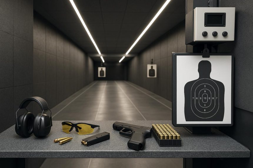 Modern indoor shooting range with safety gear, target systems, and soundproof booths