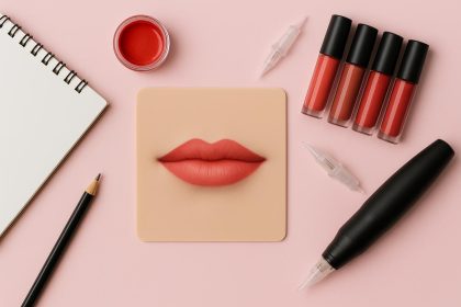 Lip tattoo course tools and pigments arranged on a workspace for cosmetic tattoo training