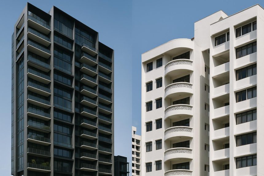 River Modern and Chuan Park condominium buildings side by side, highlighting architectural contrast