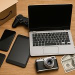 Used smartphones, laptops, and tablets arranged for online resale on a desk with packaging materials