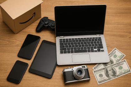Used smartphones, laptops, and tablets arranged for online resale on a desk with packaging materials