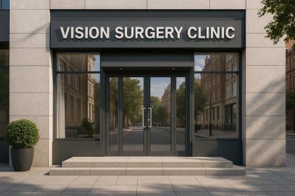Modern vision surgery clinic exterior in London with clear signage and welcoming entrance