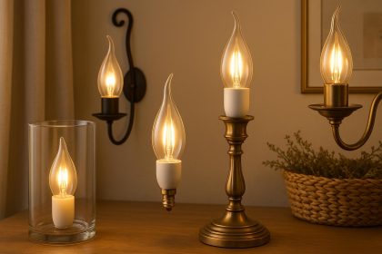LED candlelight bulbs illuminating a cozy living room with elegant home decor accents