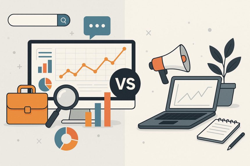 Digital marketing company teamwork analyzing strategies vs. DIY online business approach