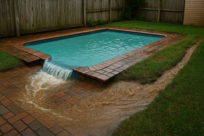 Improper pool drainage flooding backyard, causing property damage and costly repairs