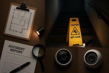 Dimly lit stairwell highlighting potential tripping hazard due to poor lighting conditions