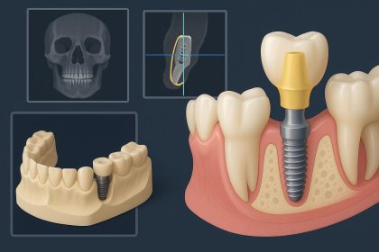 Digital dental scan displaying prosthetically driven implant planning with optimized placement
