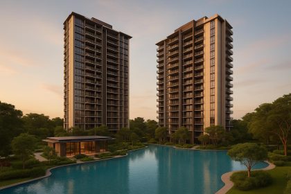 Modern Pinery Residences exterior showcasing luxury architecture and lush landscaped surroundings