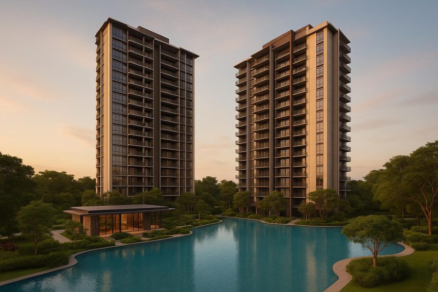 Modern Pinery Residences exterior showcasing luxury architecture and lush landscaped surroundings