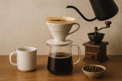 French press and pour-over coffee setup with fresh beans and mugs on a kitchen countertop