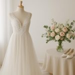 Elegant white wedding dress displayed on mannequin, budget bridal fashion under $500