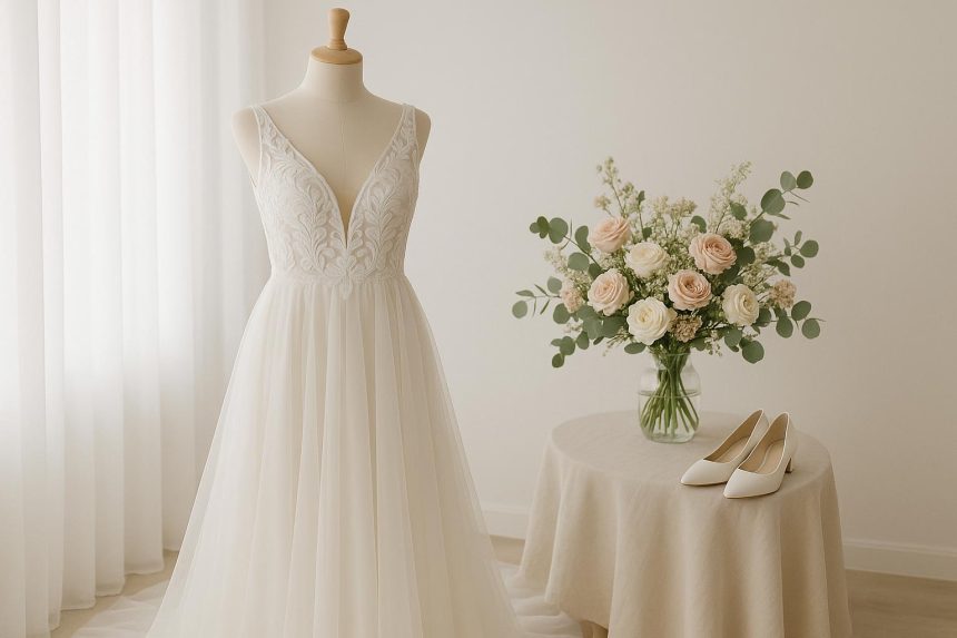Elegant white wedding dress displayed on mannequin, budget bridal fashion under $500