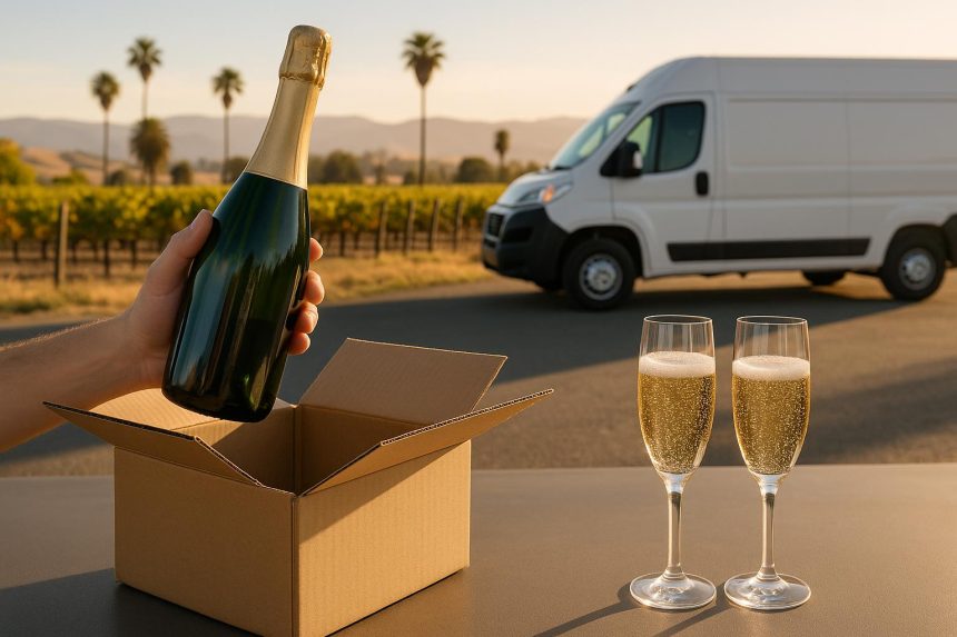 Bottles of champagne delivered to a California doorstep, symbolizing rising home delivery trend