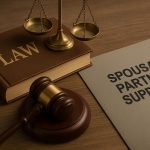 Legal documents and wedding rings symbolizing spousal and partner support in family law disputes