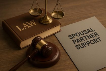 Legal documents and wedding rings symbolizing spousal and partner support in family law disputes