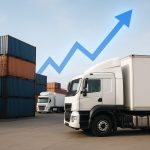 Fleet of logistics trucks parked at warehouse, representing driver recruitment and placement demand