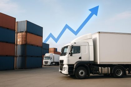 Fleet of logistics trucks parked at warehouse, representing driver recruitment and placement demand