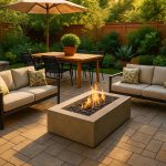 Modern outdoor patio with lush greenery, cozy seating, and ambient lighting for backyard inspiration