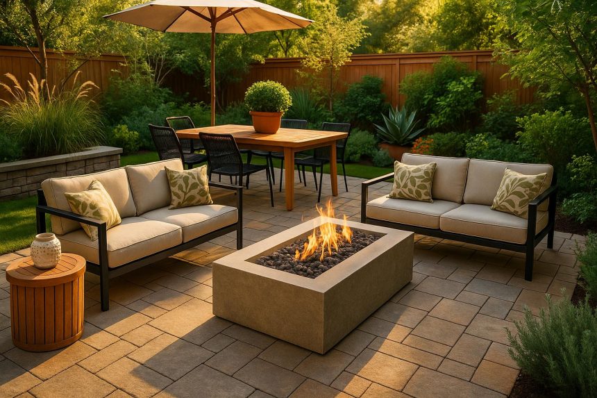 Modern outdoor patio with lush greenery, cozy seating, and ambient lighting for backyard inspiration