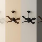 Modern ceiling fans in various popular colors displayed in stylish home interior settings