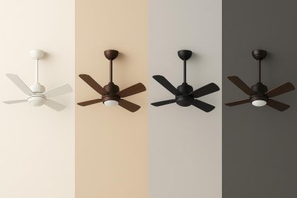 Modern ceiling fans in various popular colors displayed in stylish home interior settings