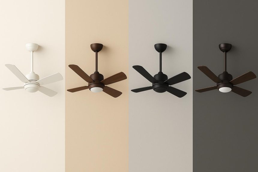 Modern ceiling fans in various popular colors displayed in stylish home interior settings
