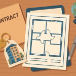 Modern apartment building under construction with floor plans and documents for off-the-plan buying