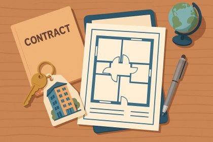 Modern apartment building under construction with floor plans and documents for off-the-plan buying