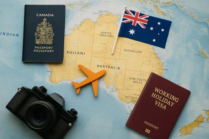 Backpacker with a travel backpack overlooking Sydney Opera House, symbolizing Canada-Australia journey