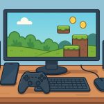 Playing mobile games on a computer using an emulator with smartphone and laptop on desk