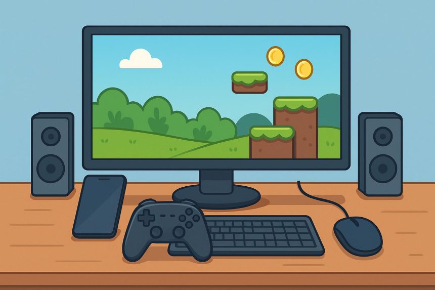 Playing mobile games on a computer using an emulator with smartphone and laptop on desk