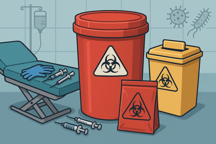 Medical waste bins with clear labels promoting safe disposal and reduced cross-contamination