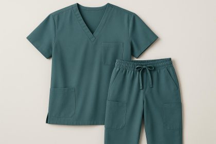 Medical scrubs set on a white background illustrating basic healthcare workwear essentials