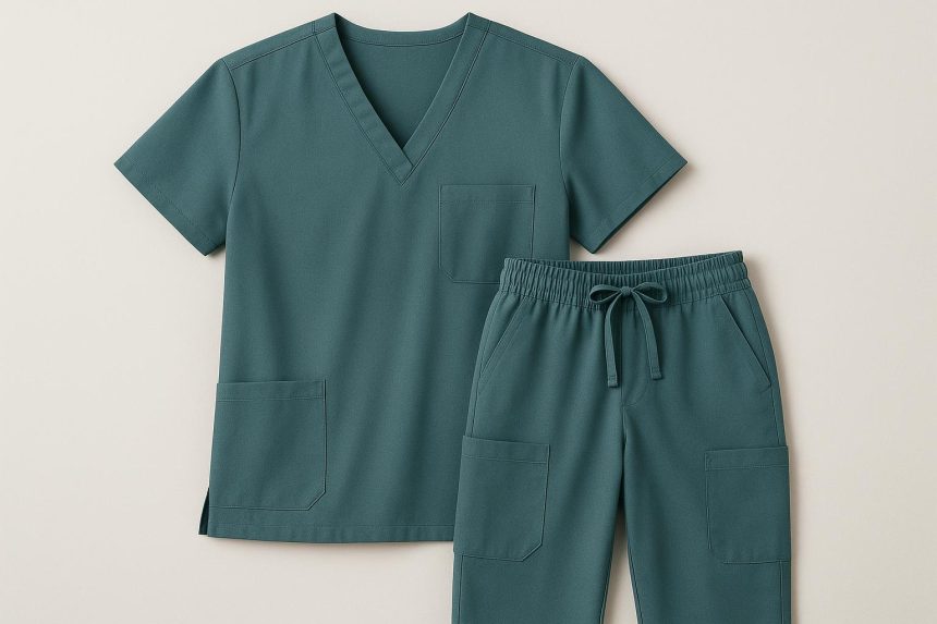 Medical scrubs set on a white background illustrating basic healthcare workwear essentials