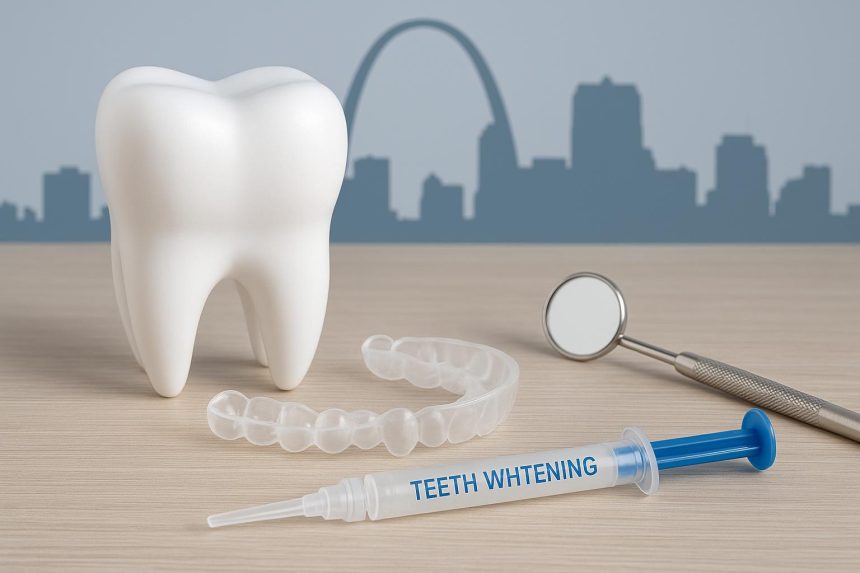 Bright white teeth with whitening trays and dental tools highlighting teeth whitening benefits.