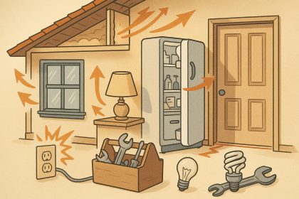Household appliances and electronics consuming standby power, illustrating hidden home energy drains