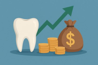 Dental practice valuation concept with dental tools, office setting, and financial documents