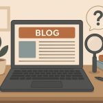 Laptop with business website and blog section open on screen, highlighting digital marketing strategy