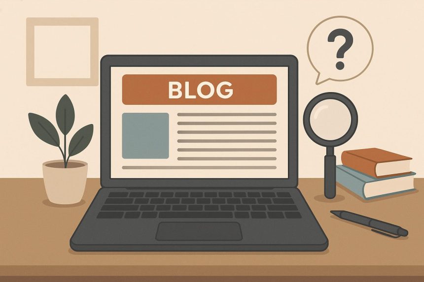 Laptop with business website and blog section open on screen, highlighting digital marketing strategy