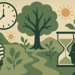 Abstract concept of efficiency with interconnected clocks, leaves, and energy icons overlapping.