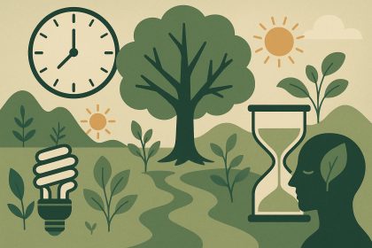 Abstract concept of efficiency with interconnected clocks, leaves, and energy icons overlapping.