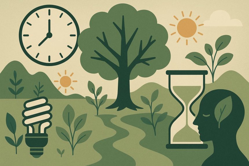 Abstract concept of efficiency with interconnected clocks, leaves, and energy icons overlapping.