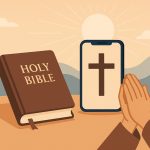 Mobile app interface displaying faith-based resources and tools for sharing and growing beliefs