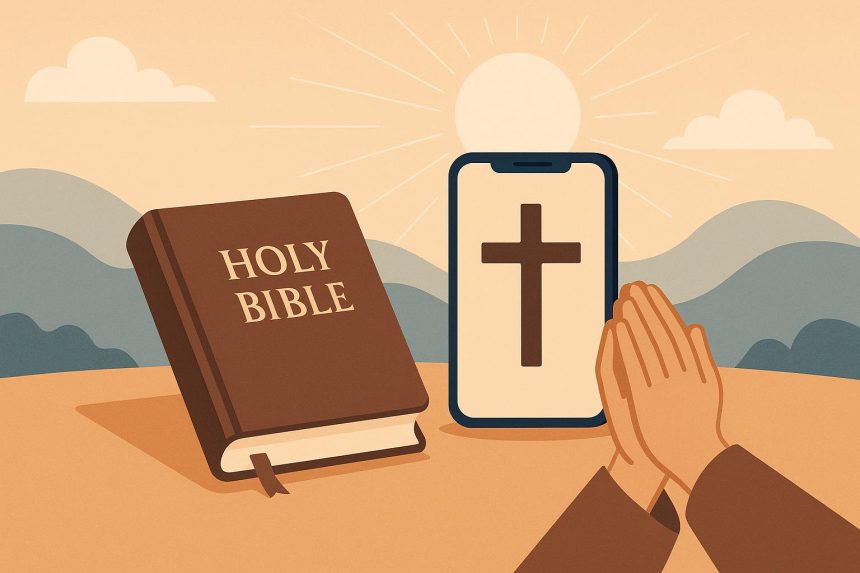 Mobile app interface displaying faith-based resources and tools for sharing and growing beliefs