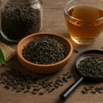 Fresh tea leaves with barcode labels representing transparency and traceability in wholesale tea