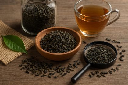 Fresh tea leaves with barcode labels representing transparency and traceability in wholesale tea